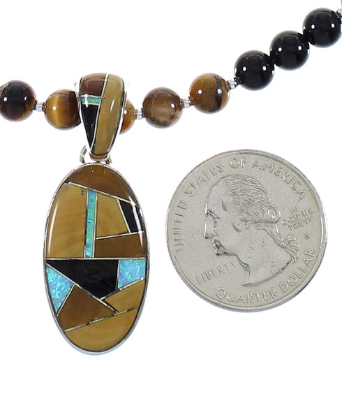Southwestern Multicolor Genuine Sterling Silver Pendant And Bead Necklace Set WX77667
